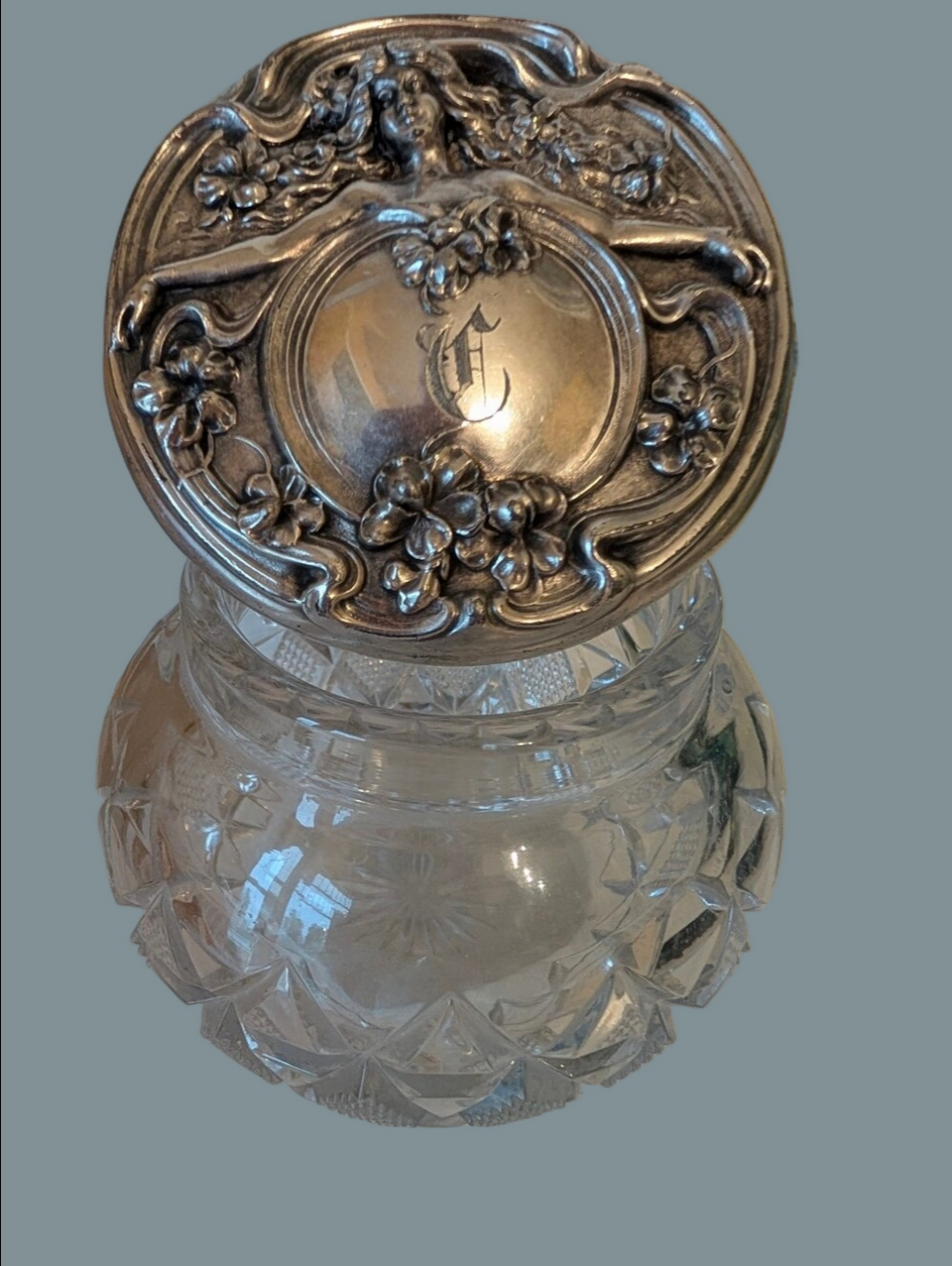 Vintage Dresser Jar Crystal Glass Ornate Silver Plate Lid 1890-1910